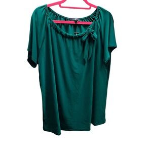 Liz‎ McCoy Dark Green Blouse Women's Plus 1X Bow Flowy Lightweight